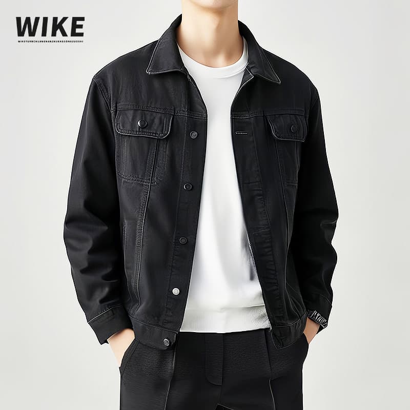 Jaqueta jeans preta masculina 2026 primavera outono lapela pesada lavável resistente ao desgaste Casual All-Match na mod