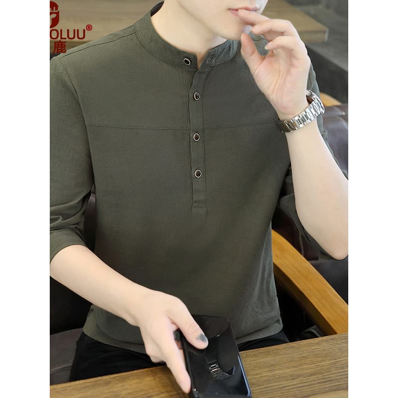 Estilo chinês camisa de manga de três quartos verão algodão linho Tang terno Hanfu novo Casual gola alta Polegada camisa