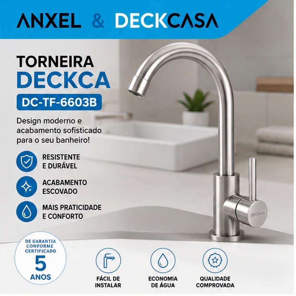 Torneira para Banheiro Aço Inox Escovado Deckca DC-TF-6603B