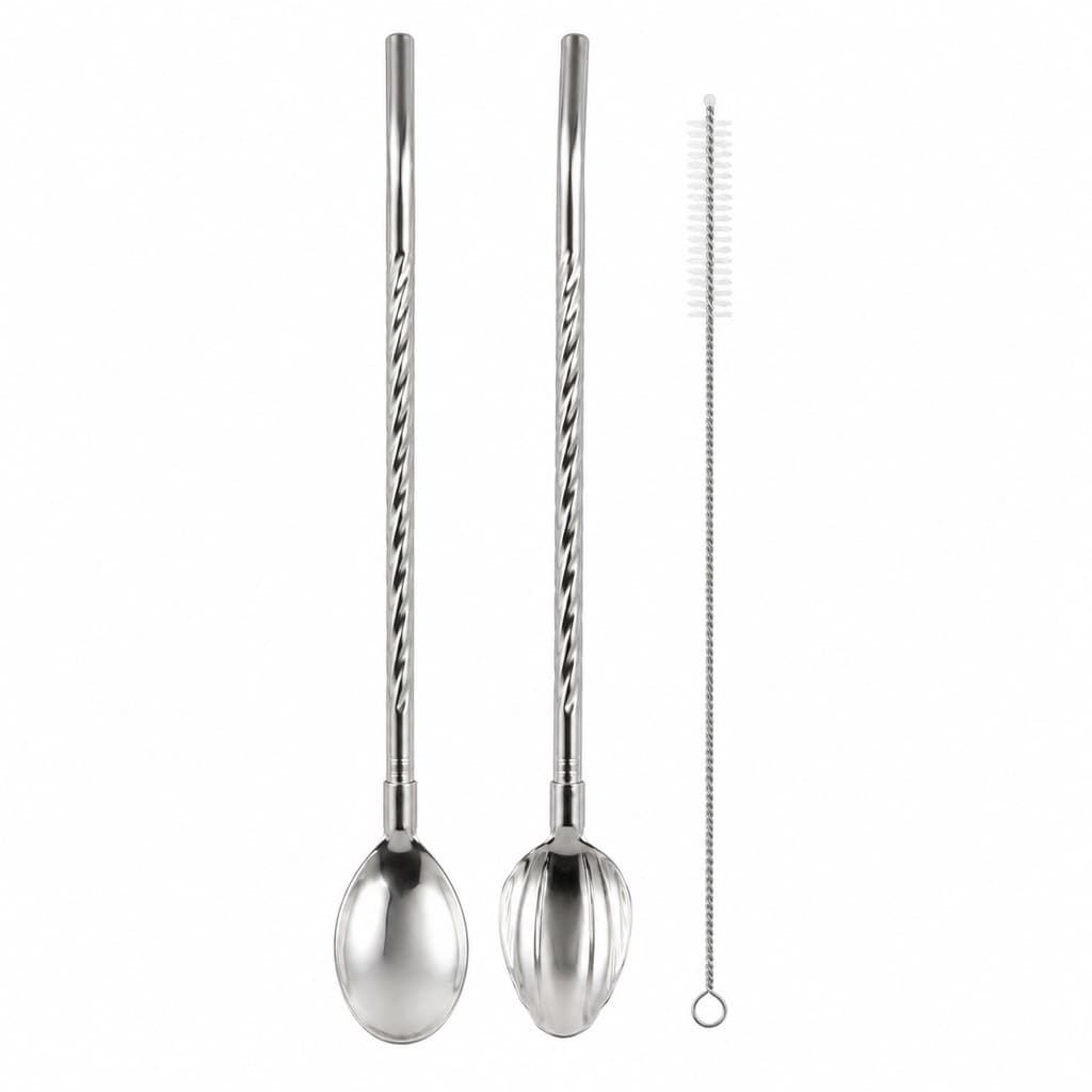 Kit 3 Peças Colher Canudo Bailarina Aço Inox + Escova para Gin e Drinks