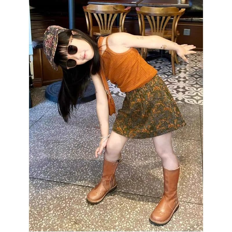 [Novidades] Roupas infantis coreanas verão novo estilo gengibre amarelo sem mangas gola halter malha estilingue meninas