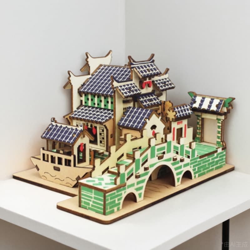 Jiangnan Water Township Modelo Quebra-cabeça Estilo Antigo Montagem Arquitetura Telhado Inclinado De Madeira
