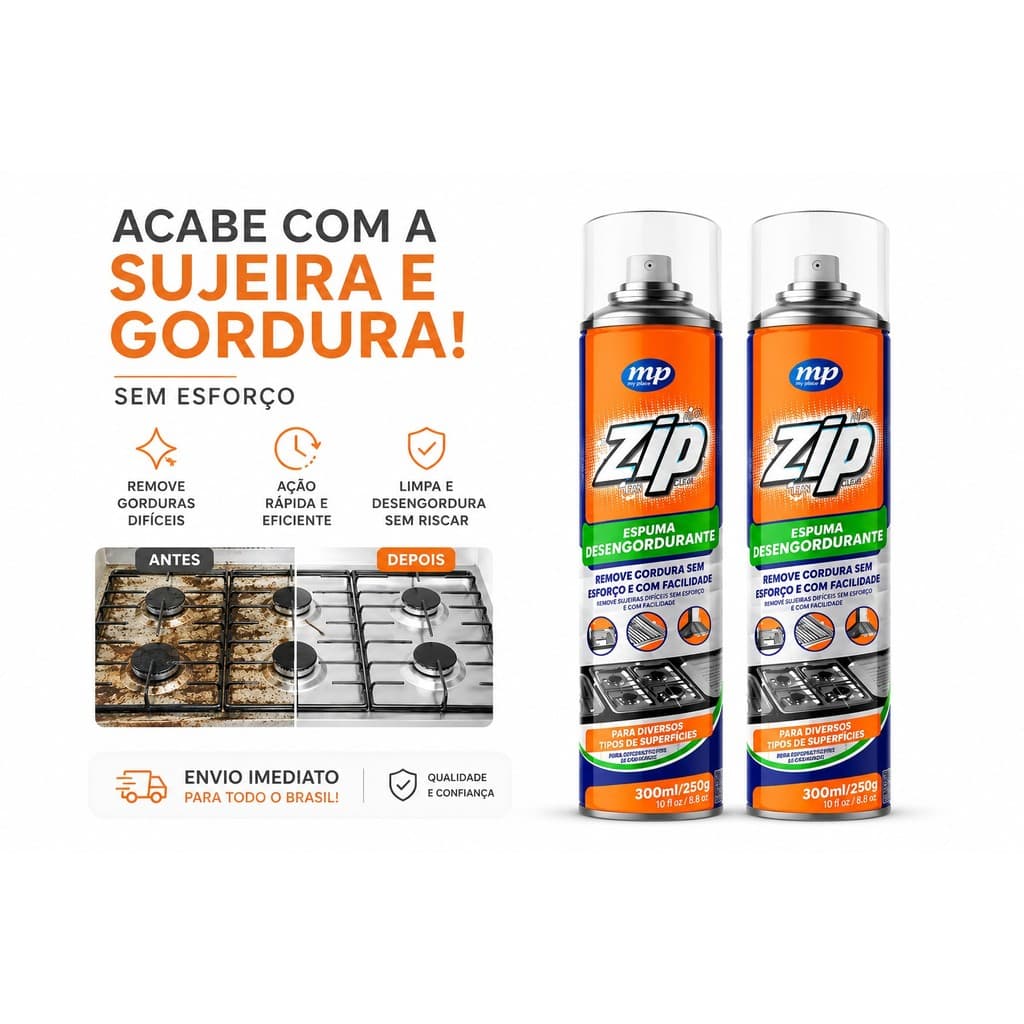 Espuma Desengordurante Spray Limpeza de Cozinha, Fogão e Gordura Pesada Zip Clean 300ml