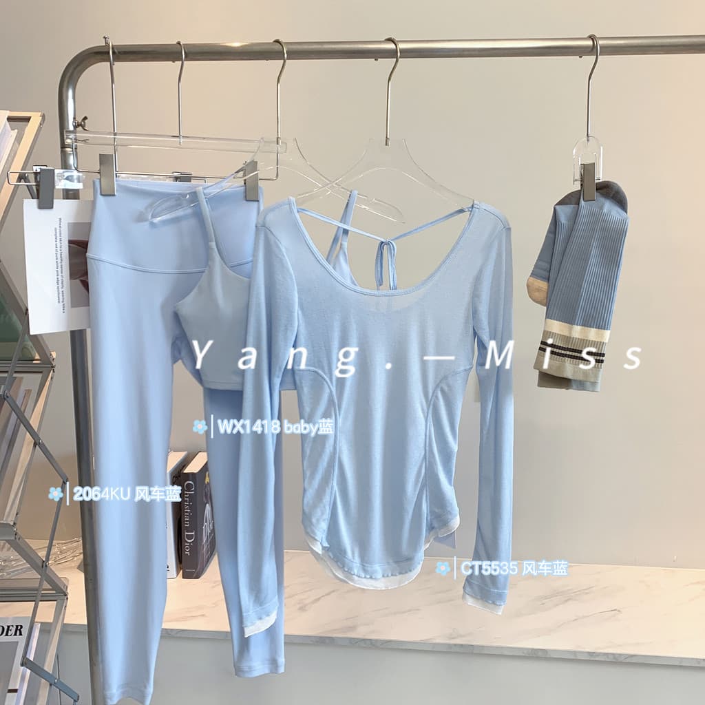 Hem contraste cor Halter blusa esportiva de manga comprida + roupa interior esportiva feminina + calças mágicas estilo e