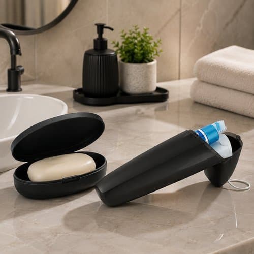 Kit Porta Escova Dental Saboneteira Preto Moderno Compacto Pratico Higiene Organização Banheiro