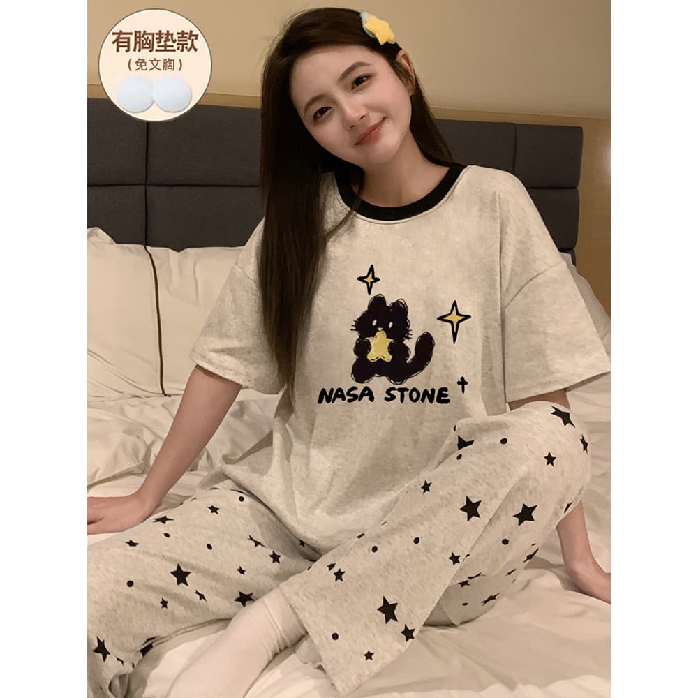 Pijamas femininos verão com almofada no peito calças de manga curta 2026 novo estilo puro algodão feminino pode usar for