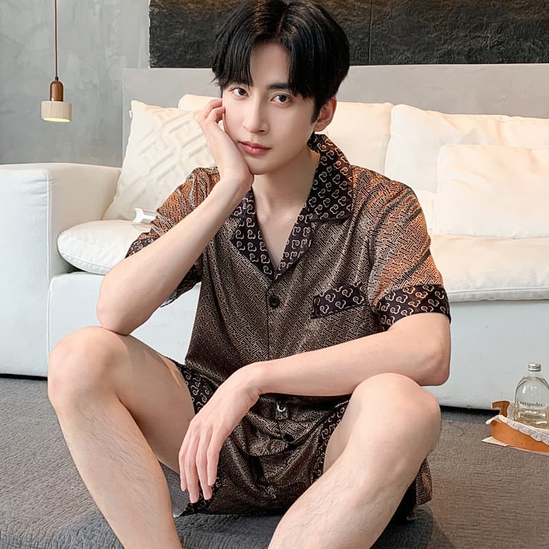 [Novo produto] Pijama estampado masculino de seda gelada verão manga curta terno de verão masculino primavera outono men