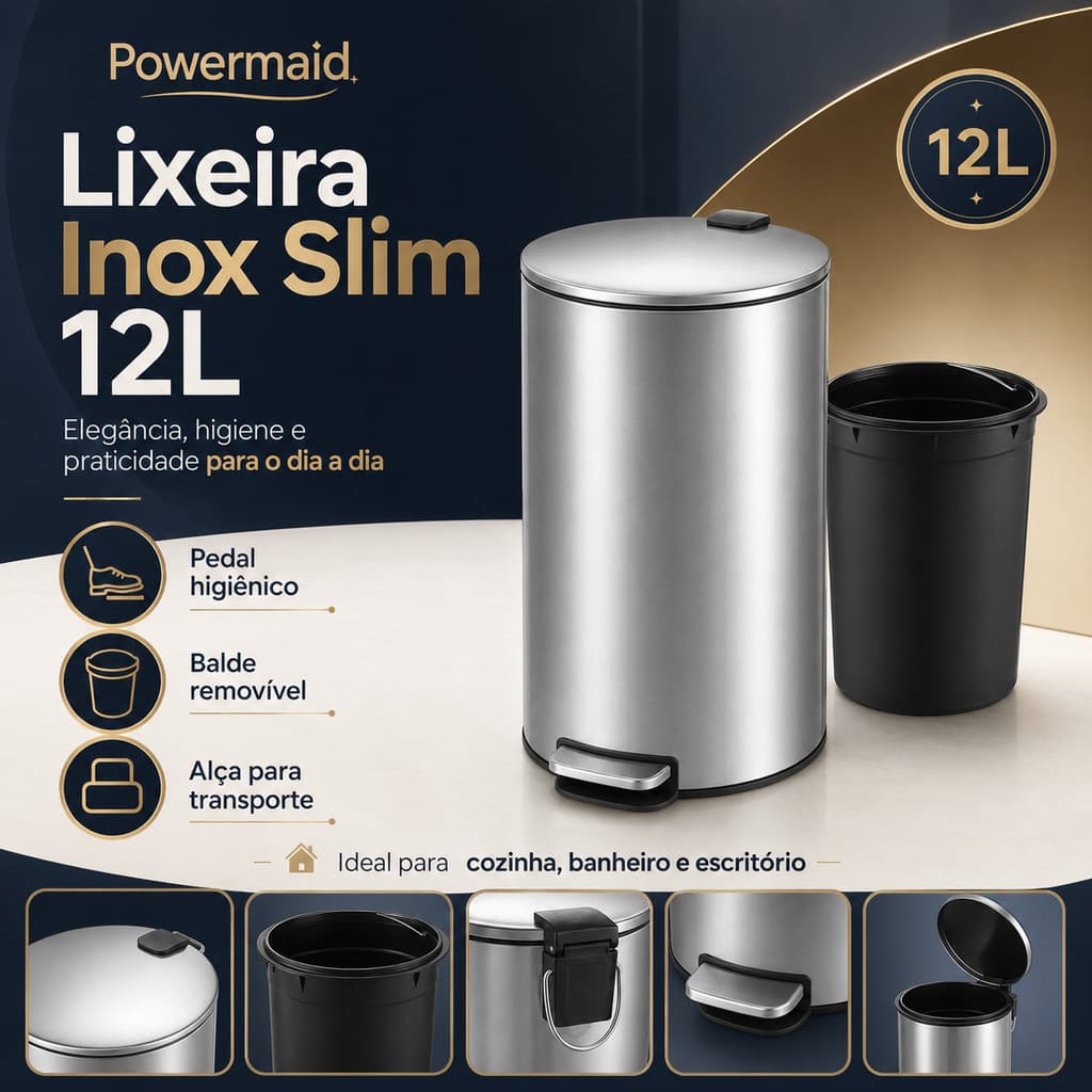 Lixeira Redonda 12l Aço Inox Cesto Cozinha Prateado