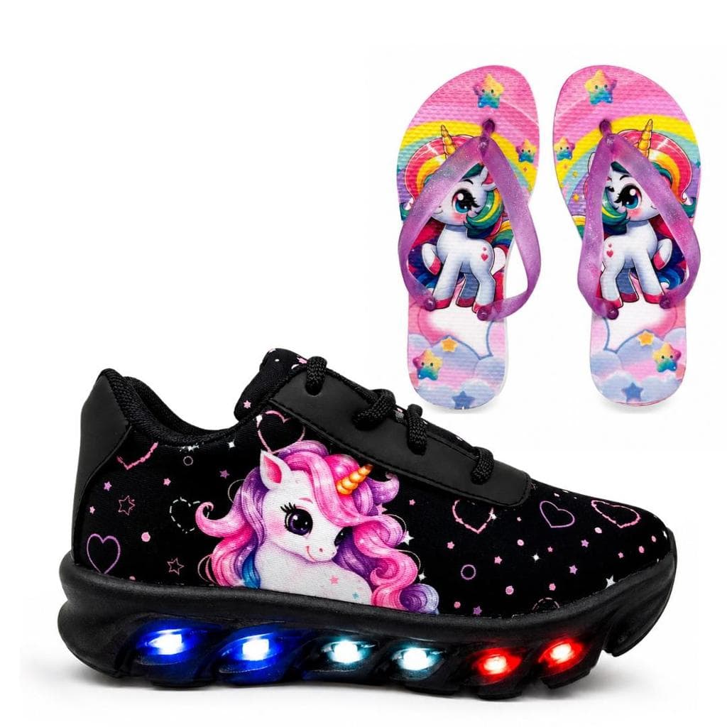 Kit Tênis de Led Infantil e Chinelo Meninas de Unicórnio Sola Confortável e Leve