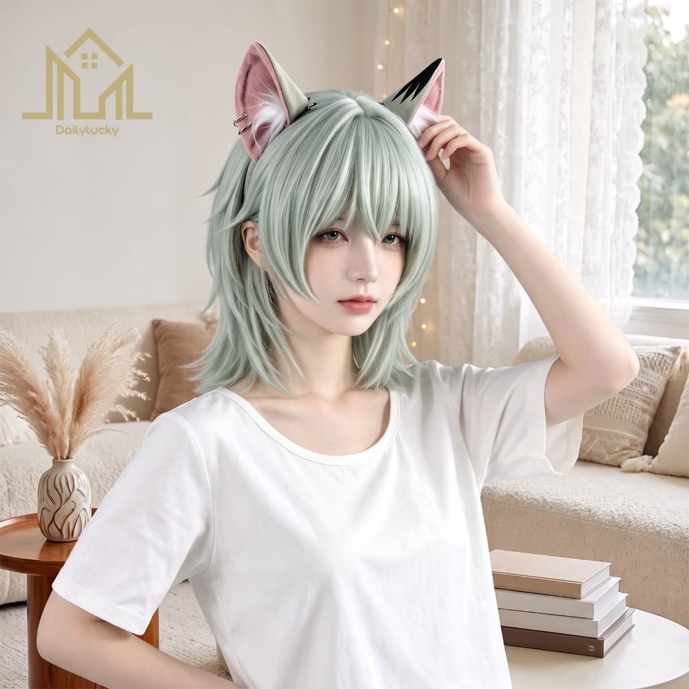 Conjunto De Peruca De Orelha De Gato Cosplay Cinza Azul Fibra Mista Curta Parte Média Franja Anime Role Play [Dailylucky