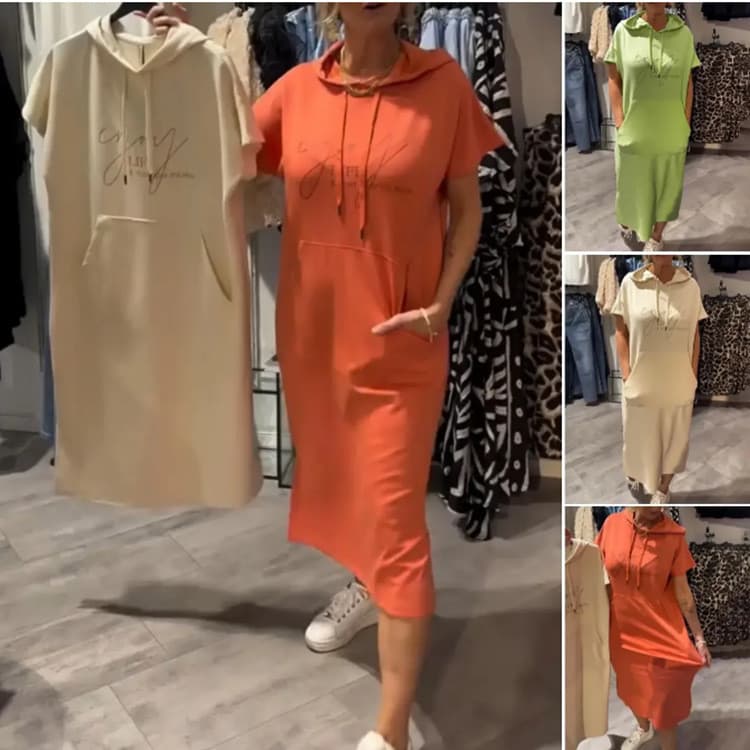 Verão novo estilo Cross-Border Casual cor sólida manga curta bolso com capuz vestido roupas femininas