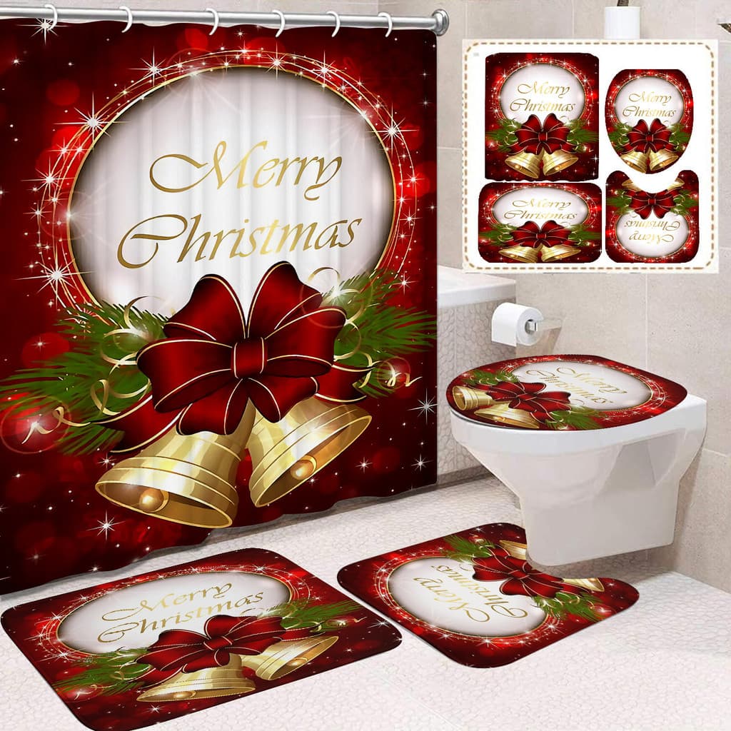 Conjunto de três peças para banheiro com Papai Noel e Boneco de Neve: tapete antiderrapante, tapete de chão, cortina de