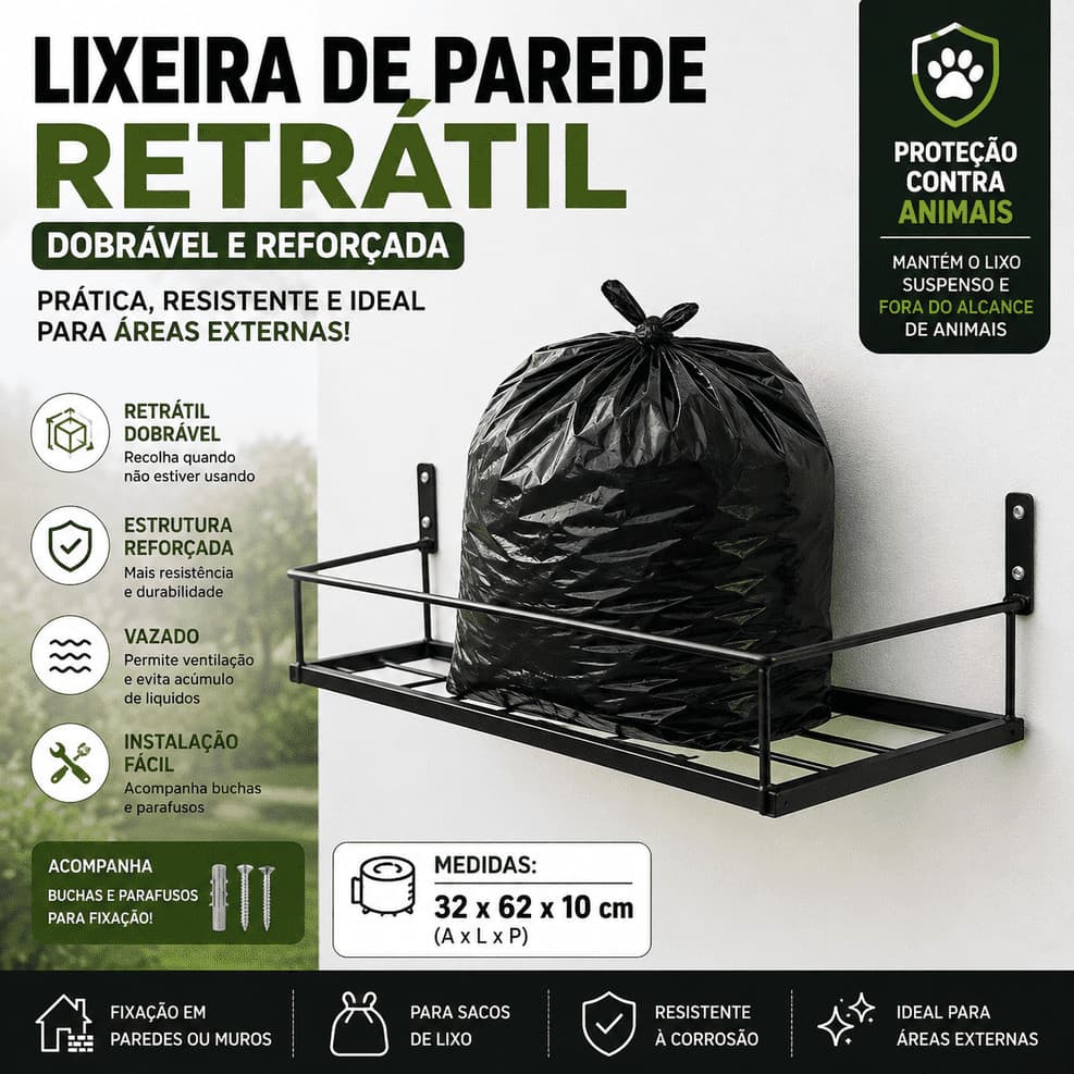 Lixeira de Parede Externa Retrátil Dobrável Cesto para Saco de Lixo Reforçado Proteção Contra Animais