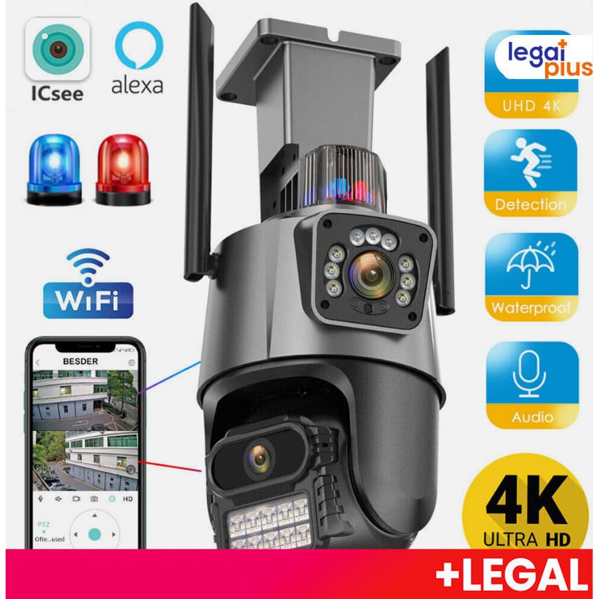 Câmera de Vigilância Externa Lente Dupla 4K 6MP Sirene e Luz Policial Visão Noturna Colorida Rastreamento Humano