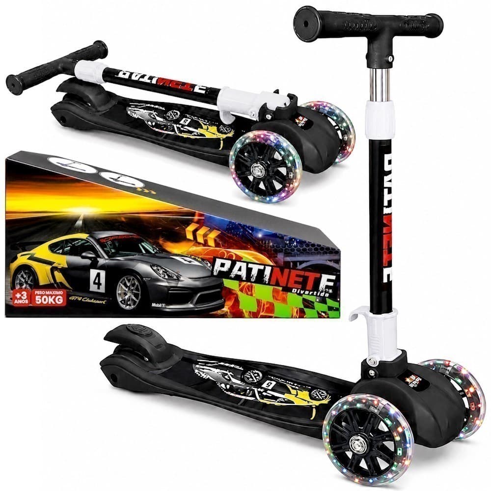 Patinete Infantil Super Scooter Resistente 3 Rodas Leds Meninos Presente na Caixa Preto