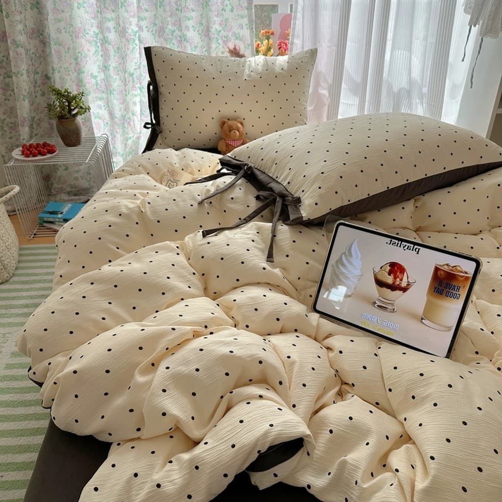 Feijão preto dot francês menina coração creme Polka dot série rendas conjunto de quatro peças dormitório lençol colcha c