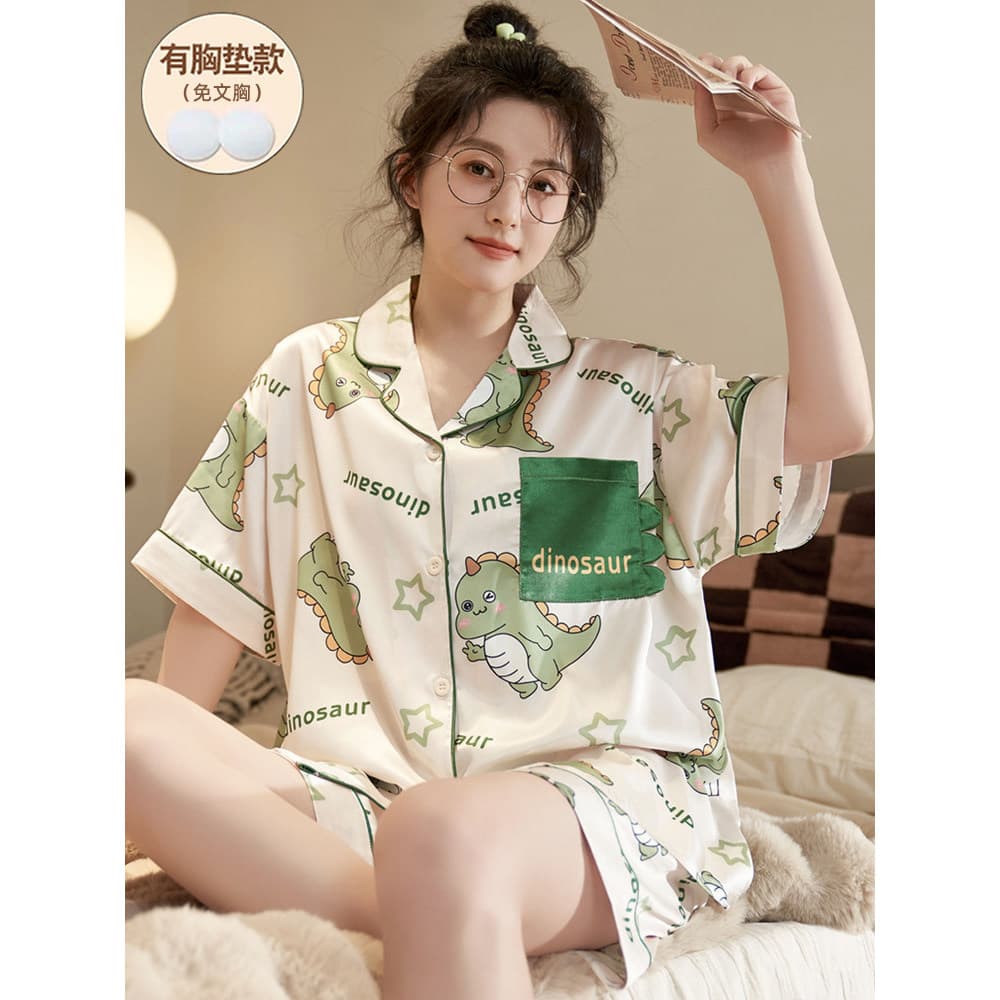 Pijamas femininos estilo verão seda gelada com almofada no peito manga curta verão estilo fino sensação legal elegante r