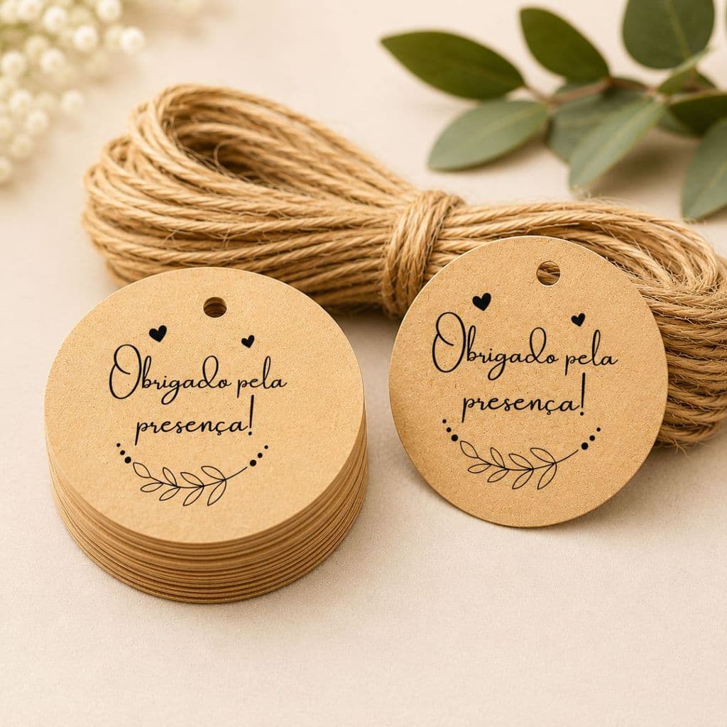 Tag de Papel Kraft 4cm + Fio Incluso Obrigado pela presença Aniversario Chá de Bebe Lembrancinha