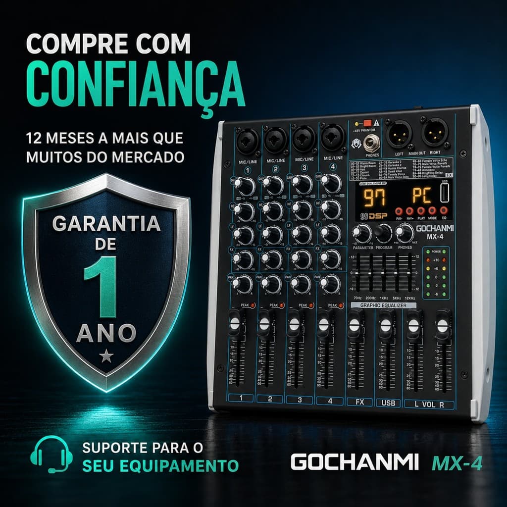 Mesa de Som MX4 4 Canais Bivolt - 99 DSP, Interface USB, Bluetooth, 48V, Profissional