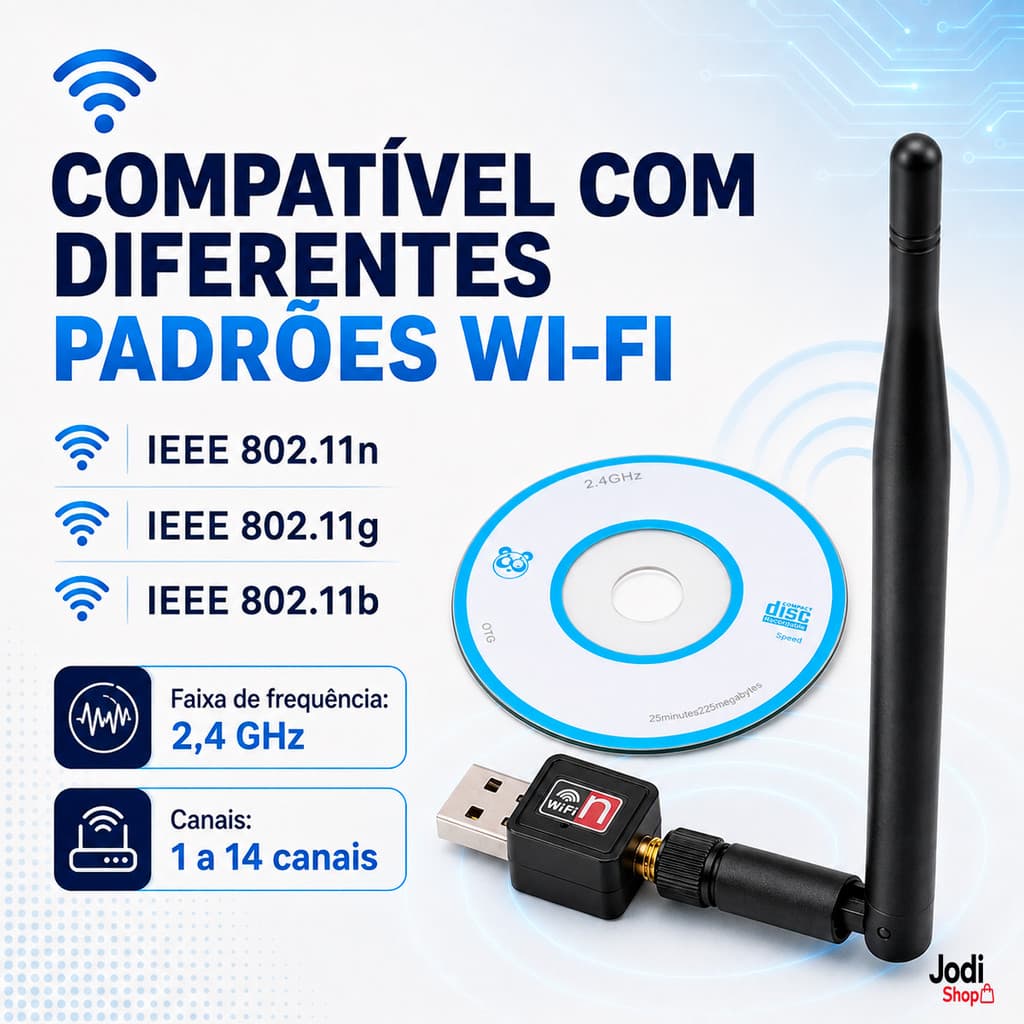 Adaptador WiFi USB com Antena Externa 2.4GHz Wireless N 802.11n para PC e Notebook