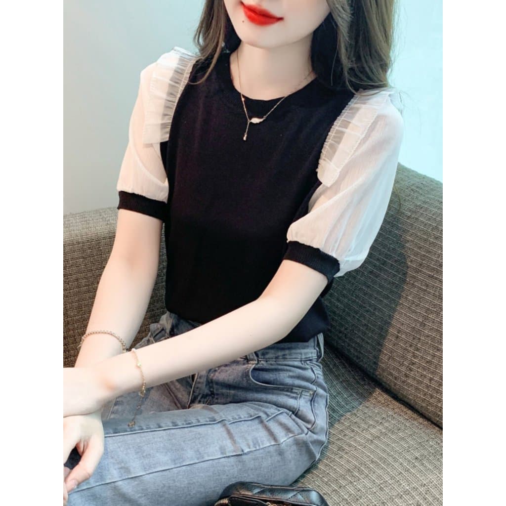 Camiseta de manga curta feminina 2026 novo estilo verão Design nicho estilo ocidental redução de idade costura Chiffon m
