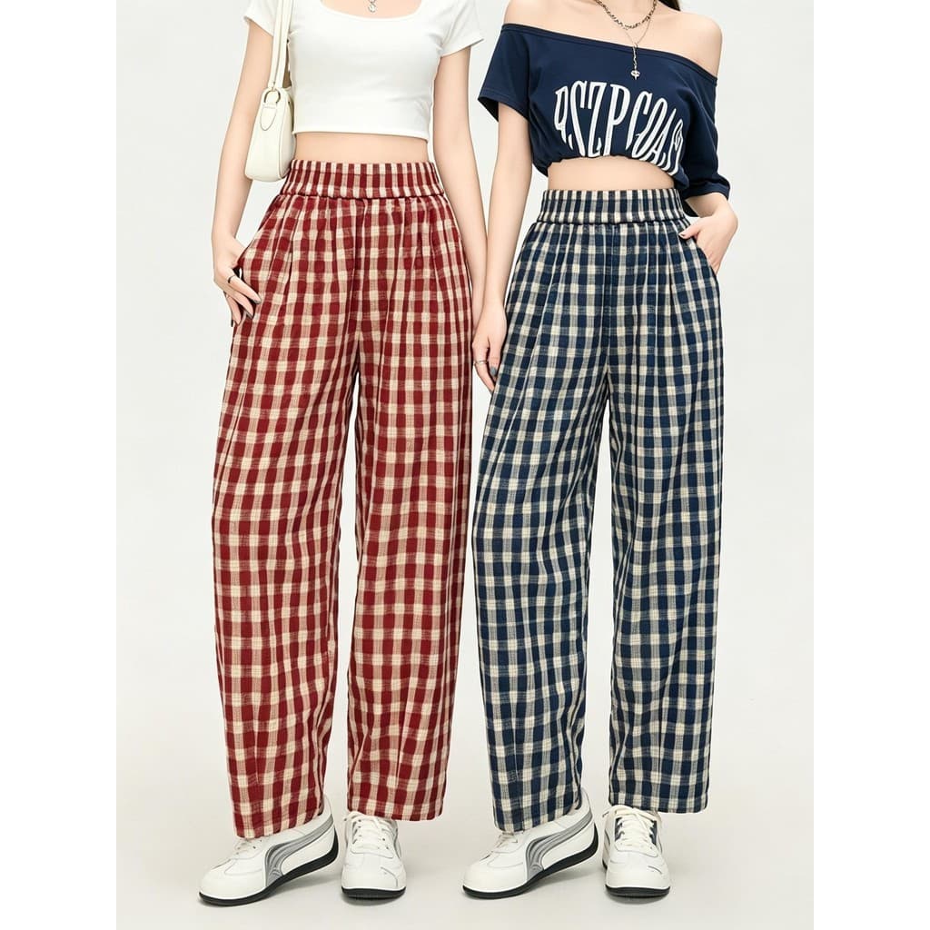Americano Retro vermelho xadrez Harem calças femininas verão elástico cintura alta Casual solto calças de perna larga to