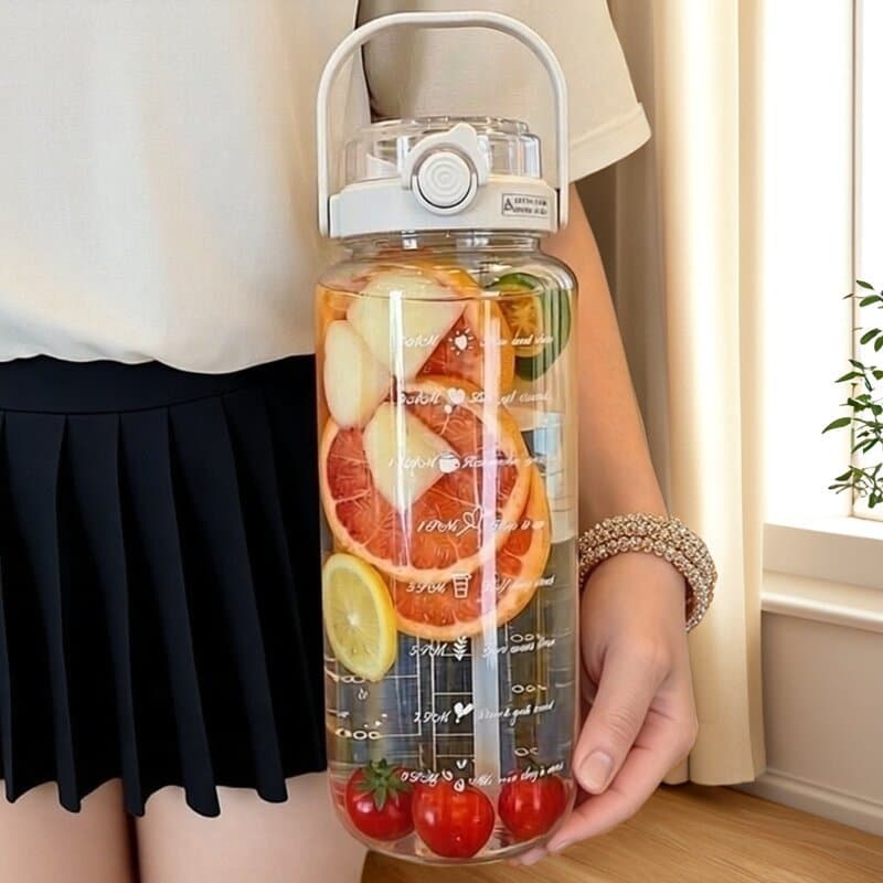 Copo de água de grande capacidade para beber duplo Garrafa de água esportiva 2.000ml Copo de palha de plástico graduado