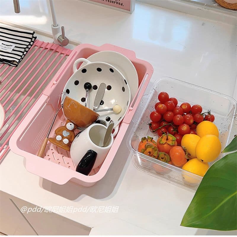 Pia de cozinha doméstica cesta de drenagem retrátil bacia de frutas vegetais dupla camada dupla utilização lavagem de ve