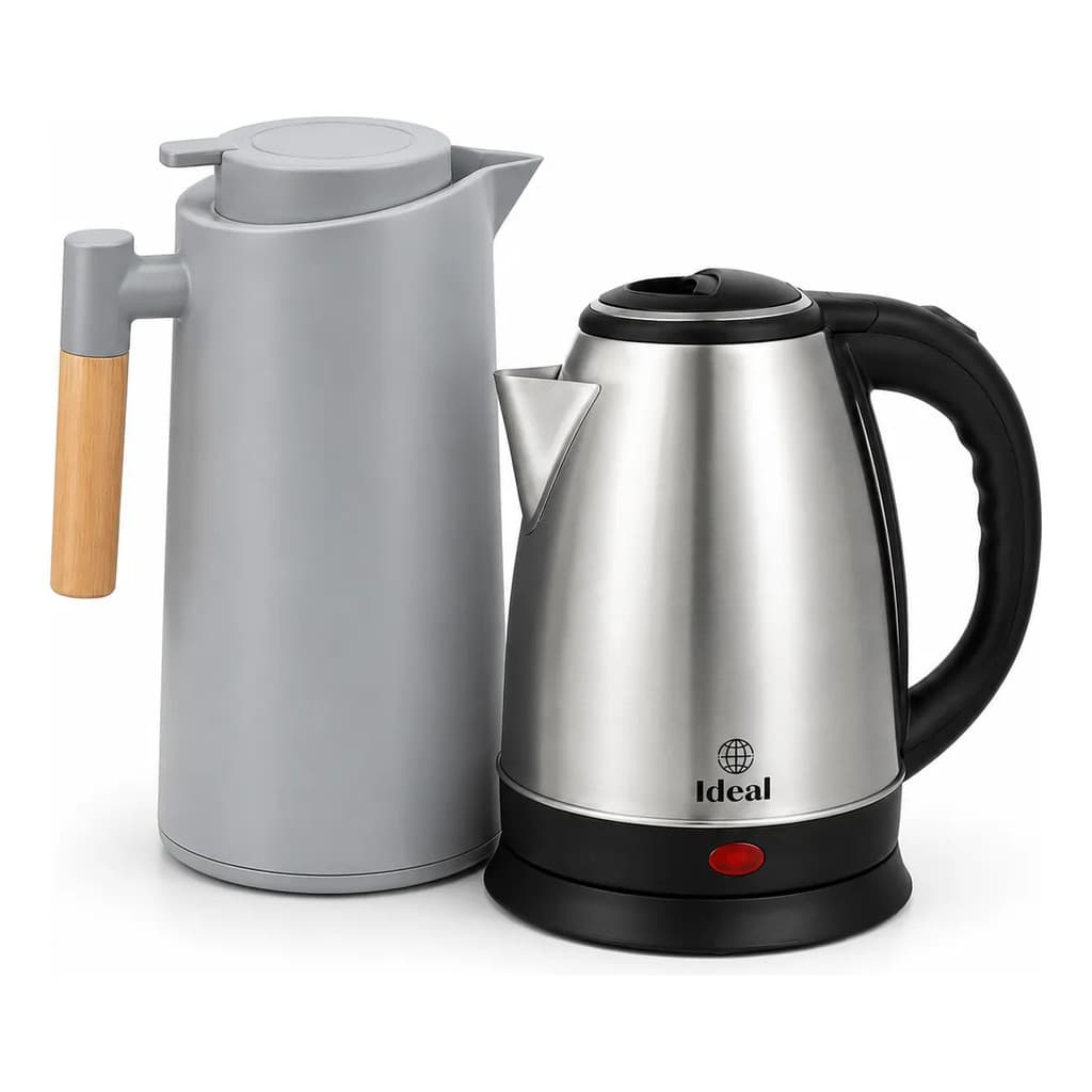 Chaleira Elétrica Inox 1,8l 1500w 220/127v + Garrafa Térmica 1L cabo de madeira