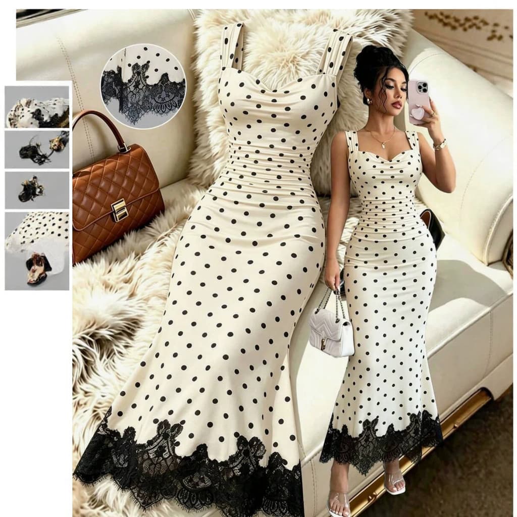 Pronto estoque Transporte rápido Retro Polka Dot Sling Fishtail saia longa pescoço quadrado cintura estreita plissado Hi