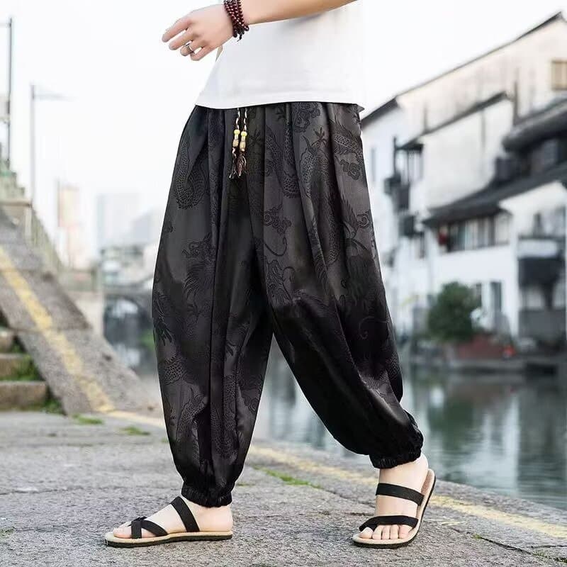 Estilo chinês estilo fino dragão padrão moda calças de perna larga calças casuais masculinas tamanho grande Bloomers sol