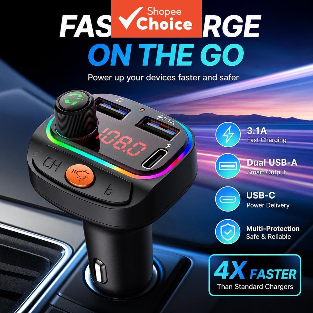 BLUETOOTH 5.3 Transmissor Fm Para Carro Sem Fio Mp3 Player Handsfree USB Tipo-c 3.1a Receptor De Áudio De Carga Rápida