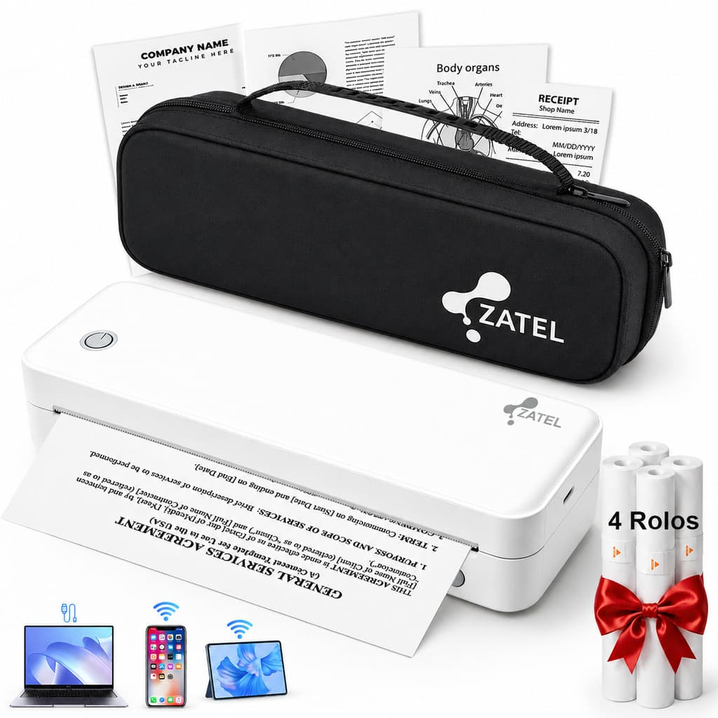 ZATEL Impressora Térmica A4 Bobina Bluetooth Portátil Printer App Celular Recarregavel Usb