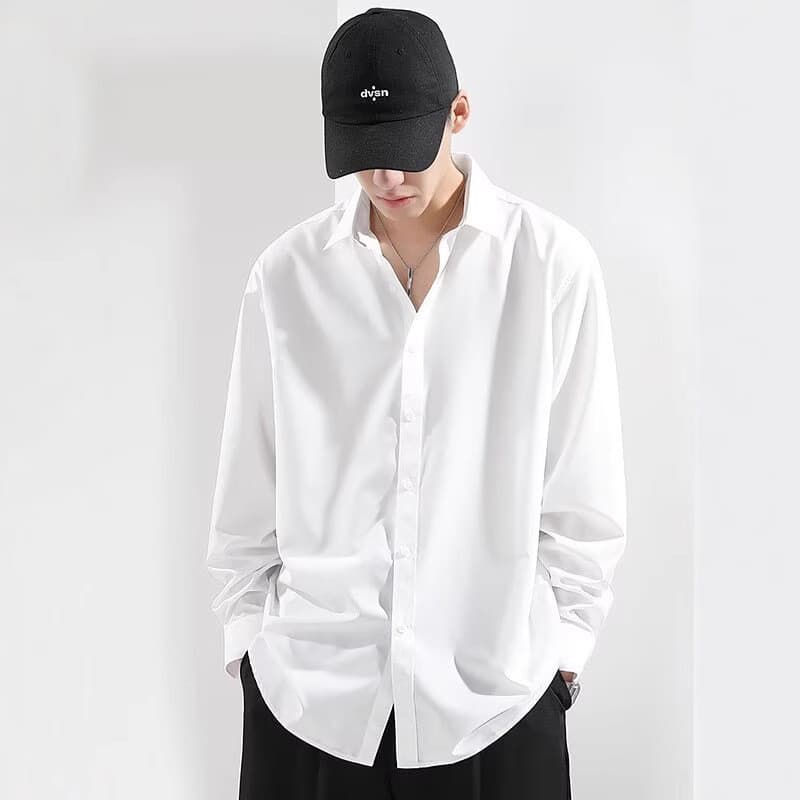 2026 outono camisa de seda gelo masculina manga comprida branco Casual solto tamanho grande Drape High-End fino topo