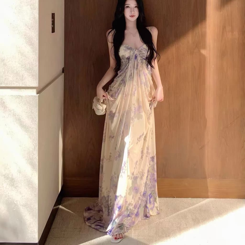 Estilo de férias Design sentir glicínias enrolamento coração Floral fora do ombro cinta saia longa vestido saia linda fa