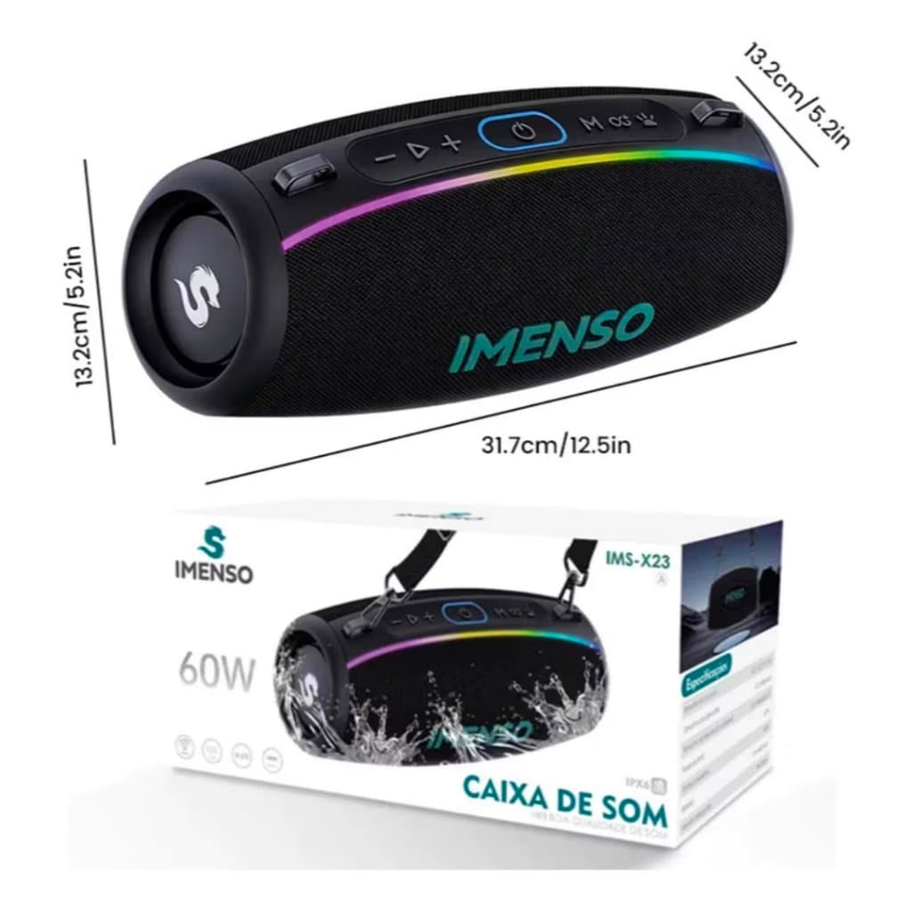 Caixa de Som Imenso 60W Bluetooth 5.2 IPX6 RGB TWS à prova d'água IMS-X23A