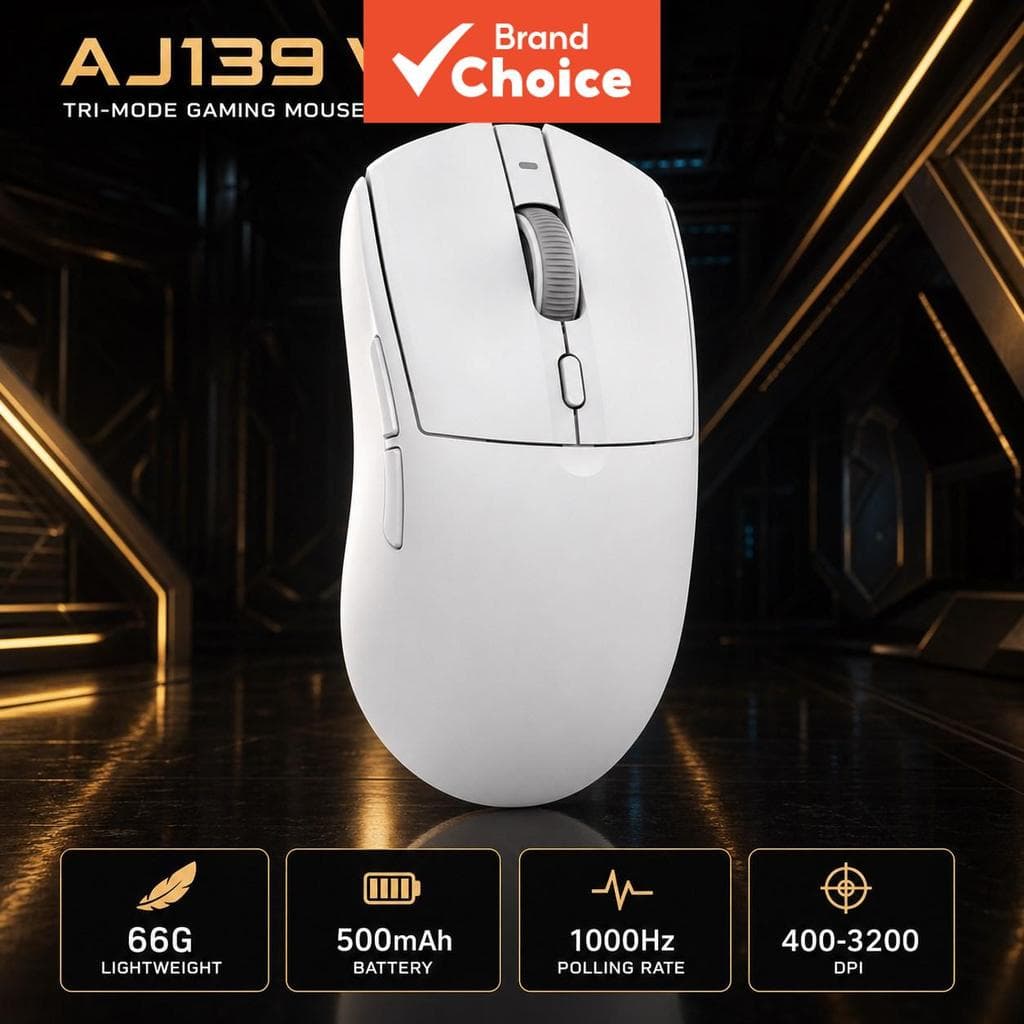 Mouse Gamer Sem Fio AJAZZ AJ139 V2 66g Ultraleve 2.4G/Bluetooth/USB‐C com fio, sensor PAW3311/PAW3395, bateria