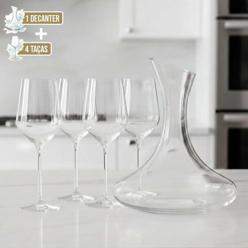 Kit Decanter de Vidro + 4 Taças para Vinho 1500ml