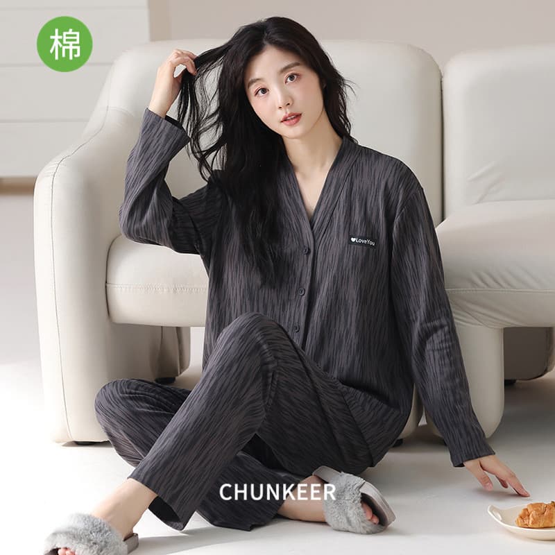 Primavera outono puro algodão pijamas conjunto feminino algodão Homewear de manga comprida Cardigan pijamas feminino ata