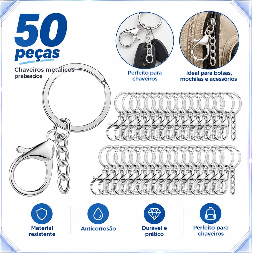 50 chaveiros de prata chaveiros de Metal 30mm fáceis de usar, resistente ao desgaste, resistente à corrosão