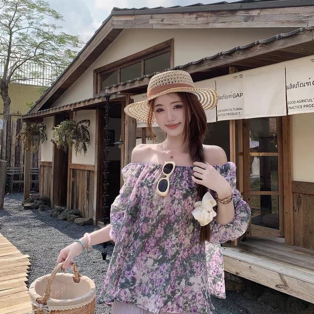 Estilo coreano roxo Floral fora do ombro camisa de manga curta feminina gigante-olhando pequeno temperamento solto camis