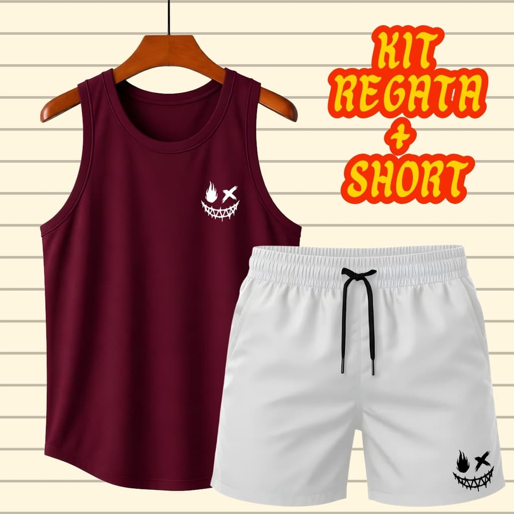 Conjunto Regata Cavada Masculina Sorridente Sombrio Algodão Varias Cores + Short Tactel Branco -PD