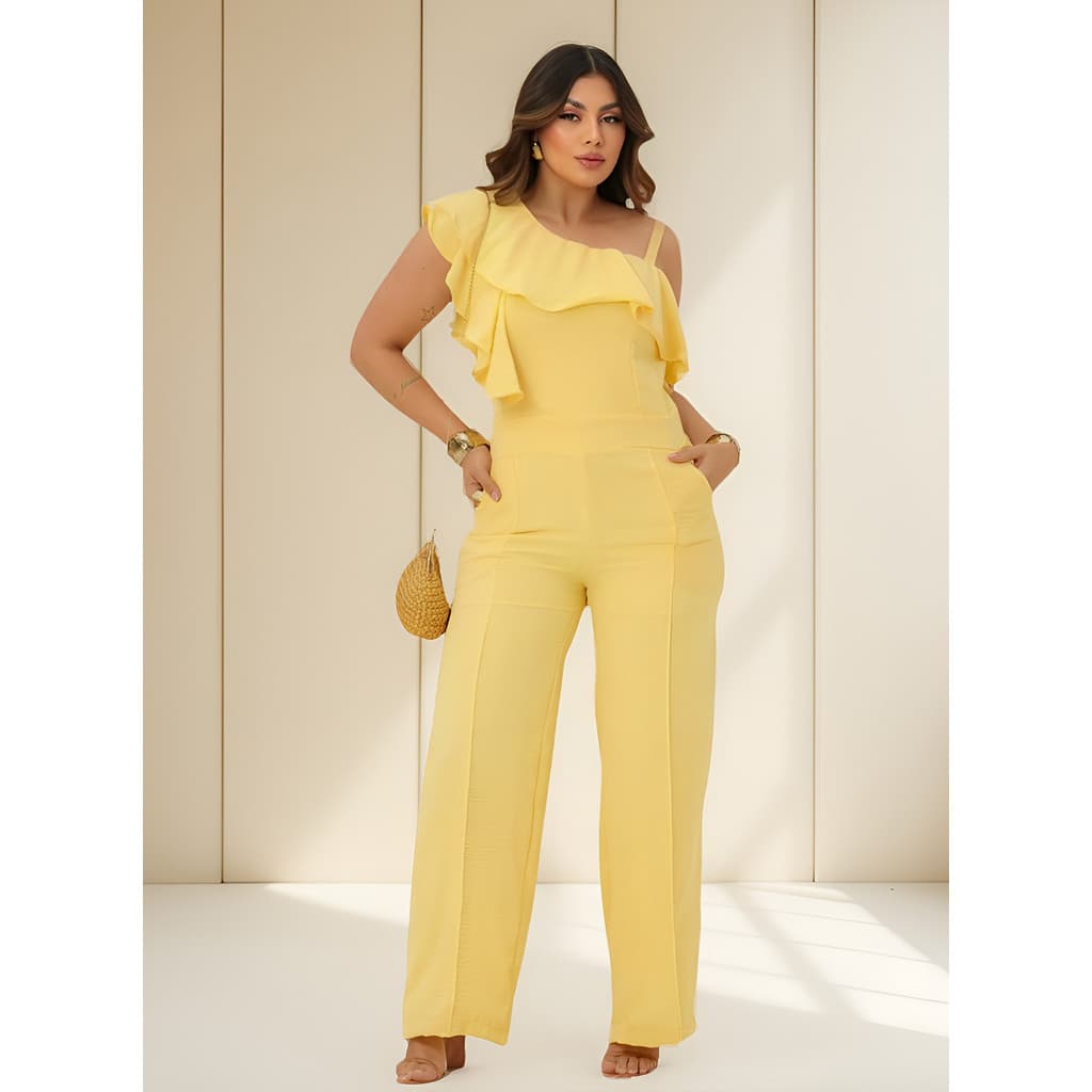 Macacão Longo Tipo Pantalona Alcinha com Bolsos Confortável