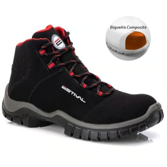Bota de Segurança em Microfibra Preto e Vermelho Estival - Brinde Palmilha PU - Composite CA 42555