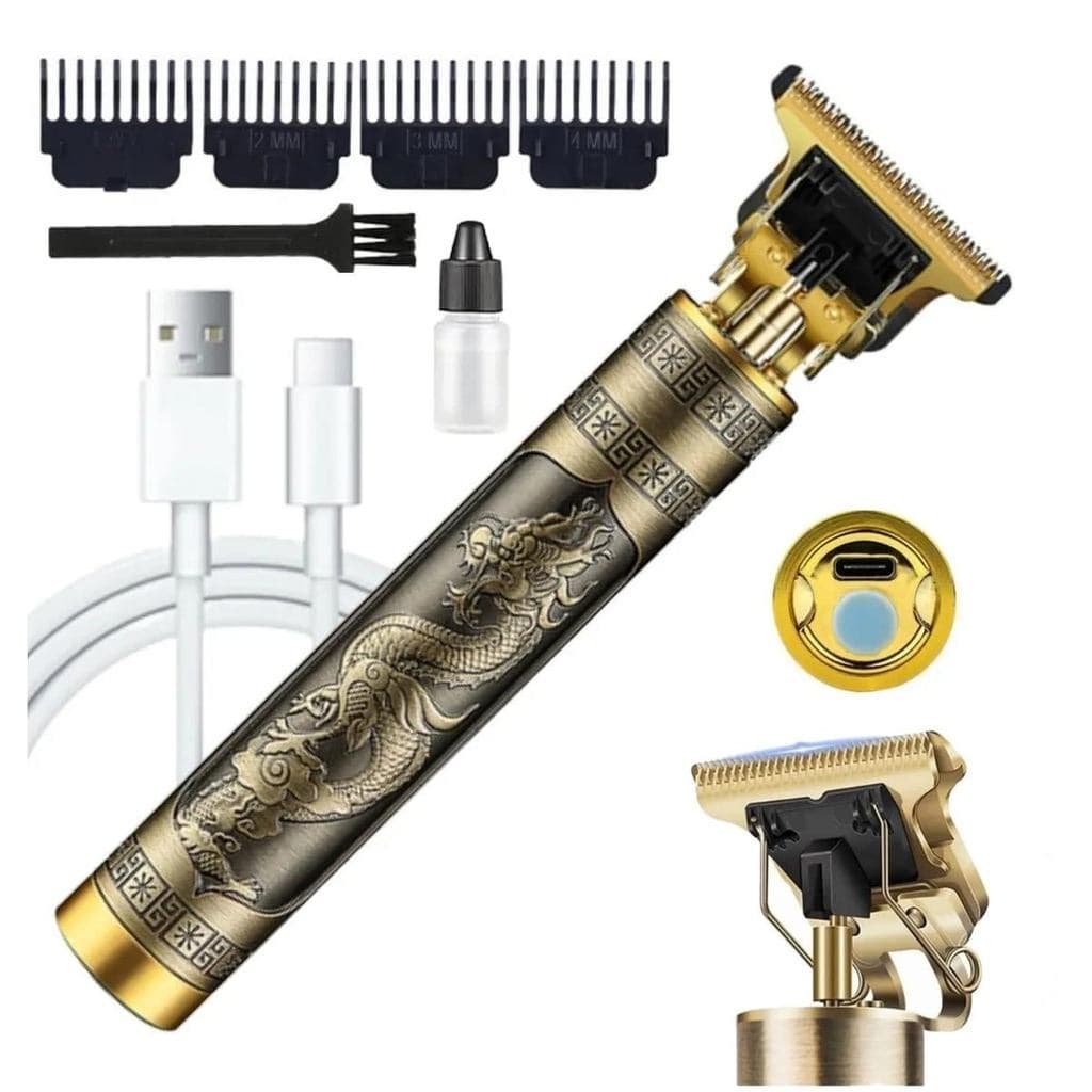 Máquina Maquininha de Cortar Cabelo Barbear Detalhe Pezinho Acabamento Dragão Vintage Profissional Recarregável USB Kit