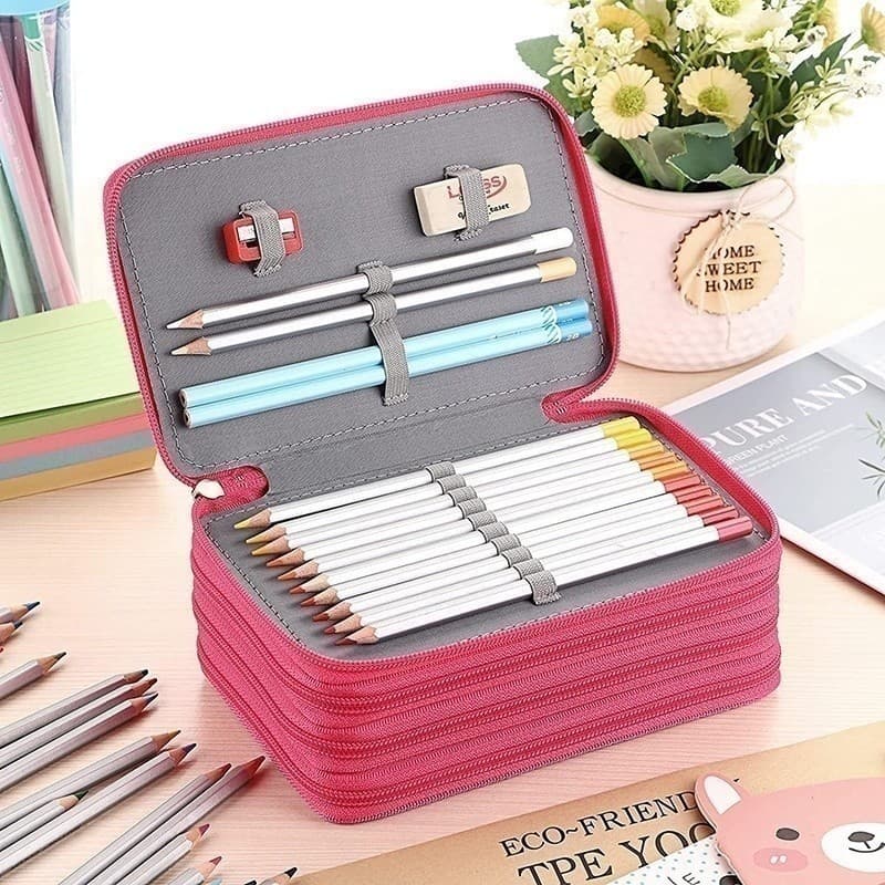 Estojo Box de Nylon Escolar com Alça 4 Divisórias Organizador de Lápis com Zíper
