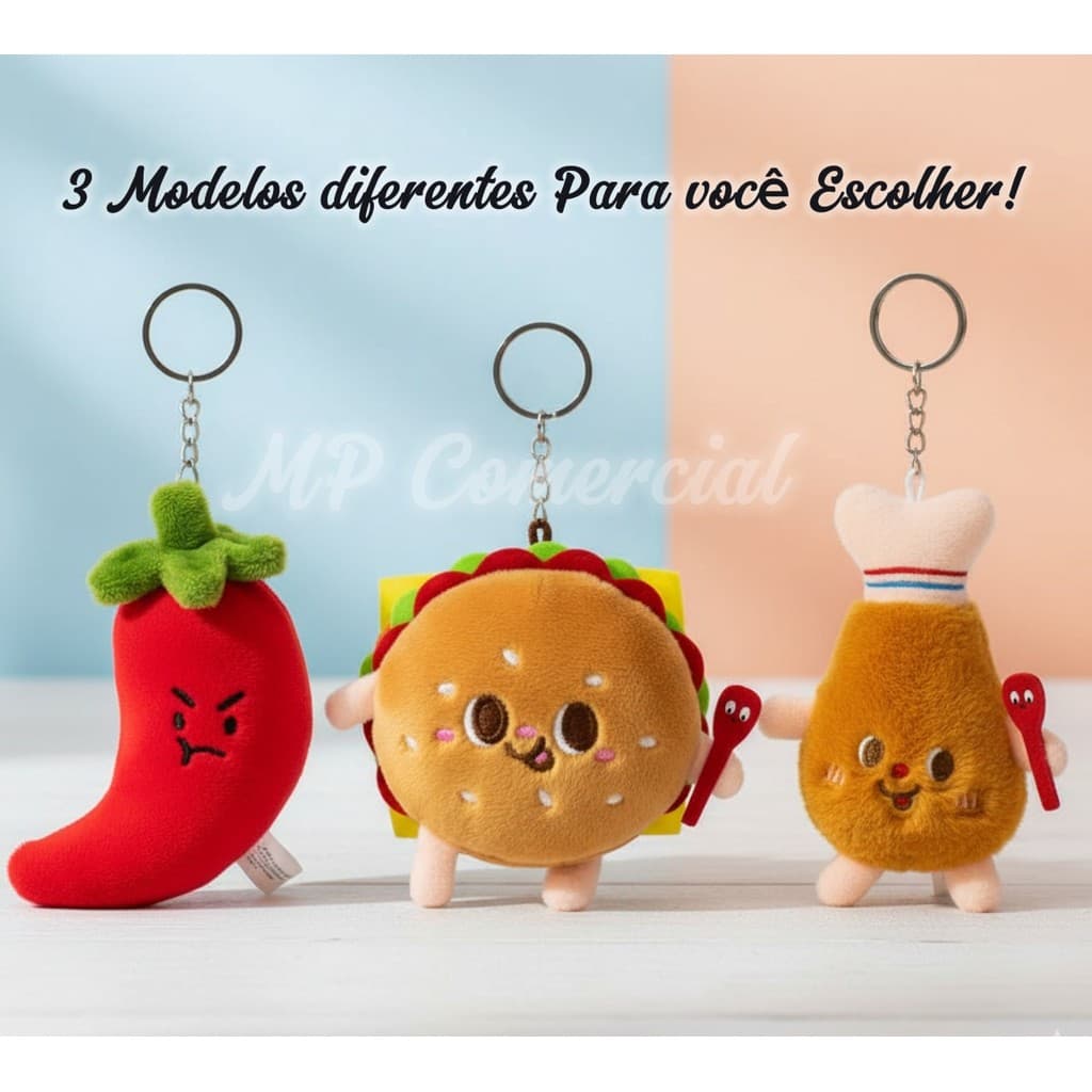 Chaveiro Comida Divertida Pelúcia 3 Modelos Coxa Frango Pimenta Hambúrguer - Chaveiros Fofos