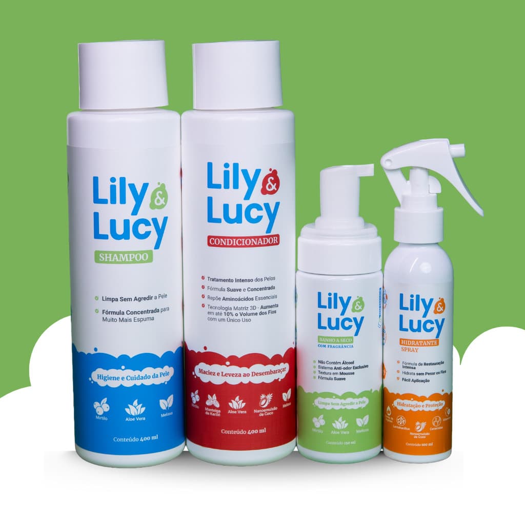 Shampoo e Condicionador 400ml, Hidratante Spray 100ml e Banho a Seco 150ml Para Pets Wesen Green | Combo Lily&Lucy
