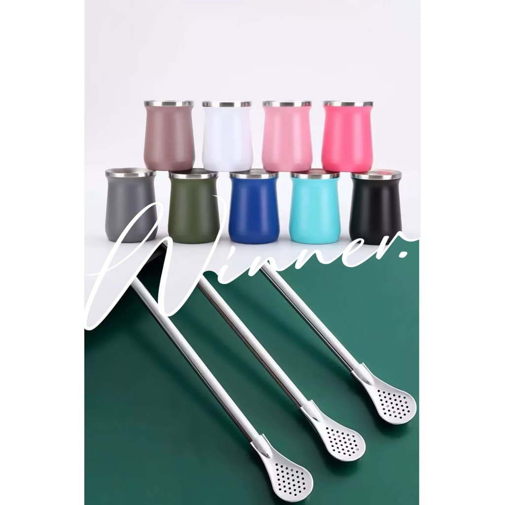 Kit 2 COPO CUIA TEMICA DE INOX PARA TERERE, CHIMARRÃO ENTRE OUTRAS BEBIDAS, PAREDE DUPLA 240ML, COM BOMBA/CANUDO *