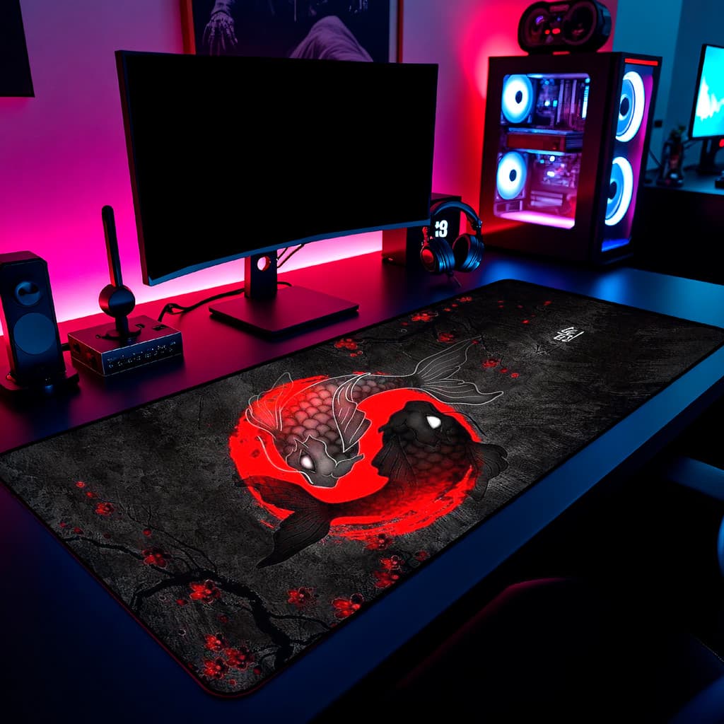 Mouse Pad Carpa Yin Yang Red Gamer 65x30cm / 80x40cm / 90x50cm / 120x60cm / Borda Costurada